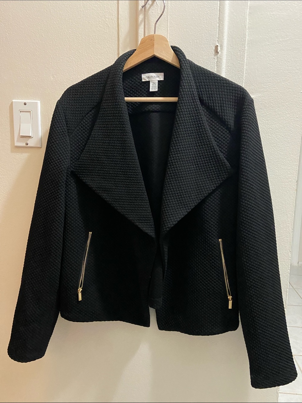 Calvin Klein Black Textured Draped Blazer with Gold Zippers